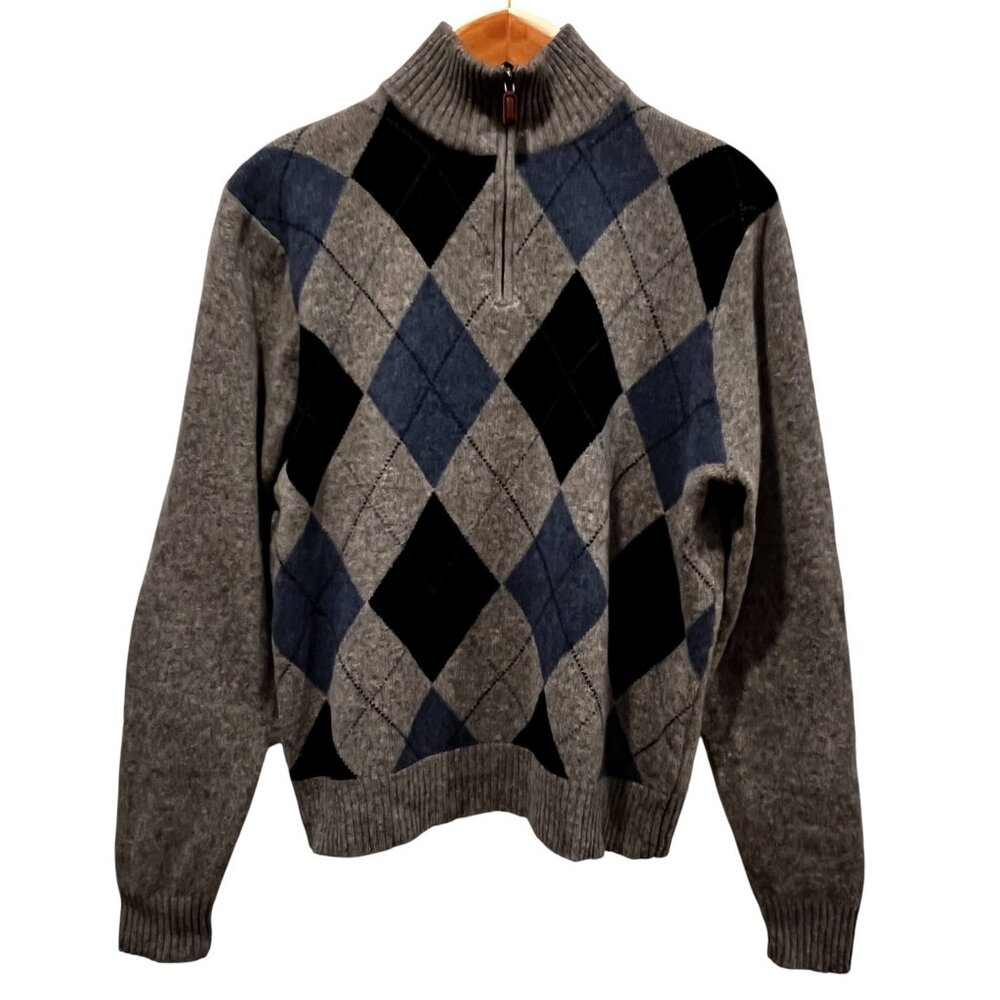 J Crew Argyle 1/4 Zip Wool Sweater, Gray Blue, XL